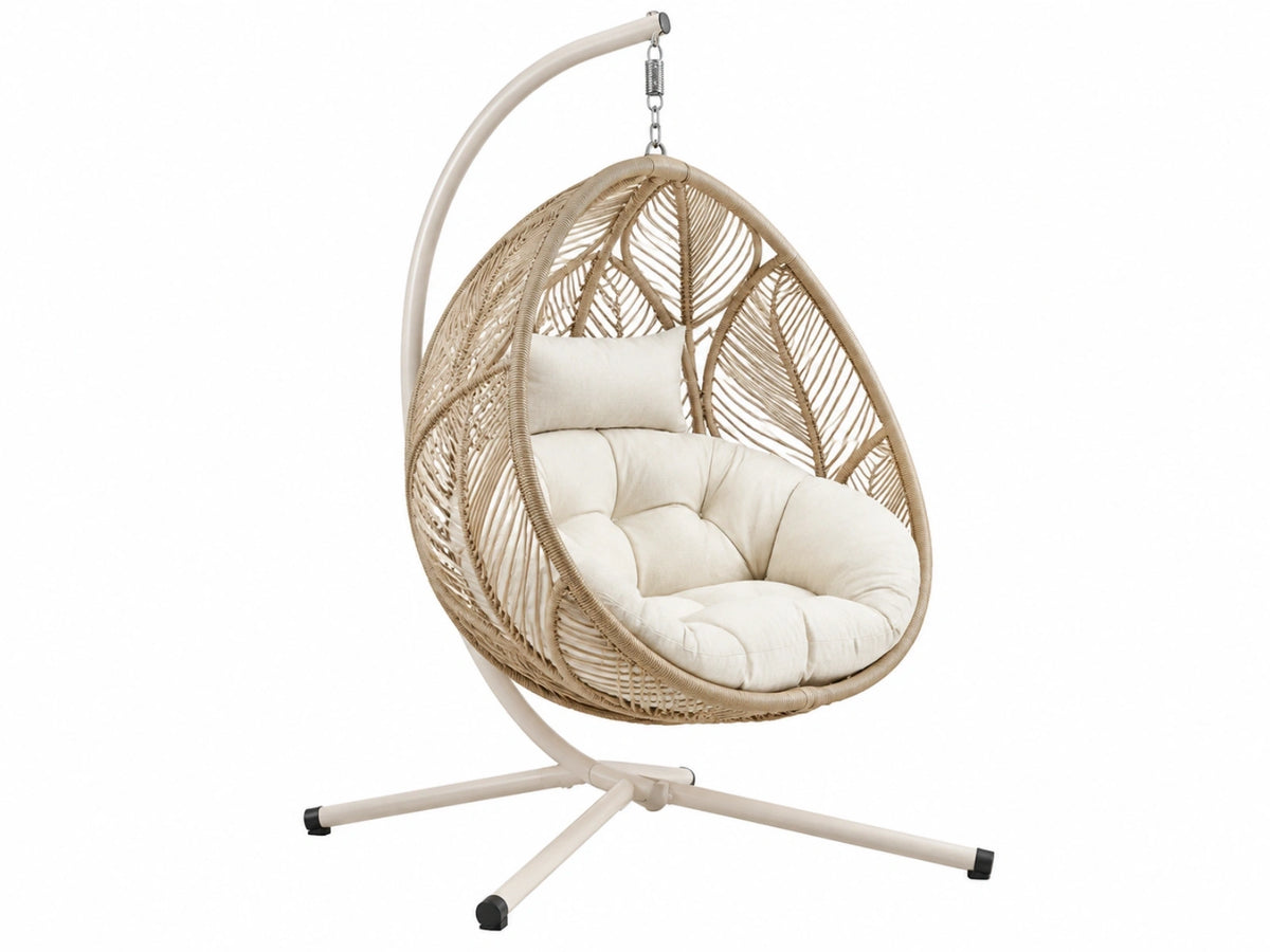 Hangstoel 105 x 105 x 195 cm beige gevlochten kunststof met metalen standaard - schommelstoel voor binnen en overdekt buitengebruik