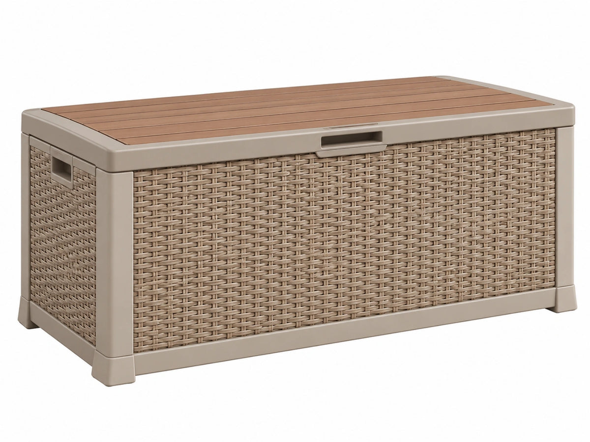 Opbergbox voor buiten 120 x 55 x 60 cm kunststof beige en bruin met houtlook deksel