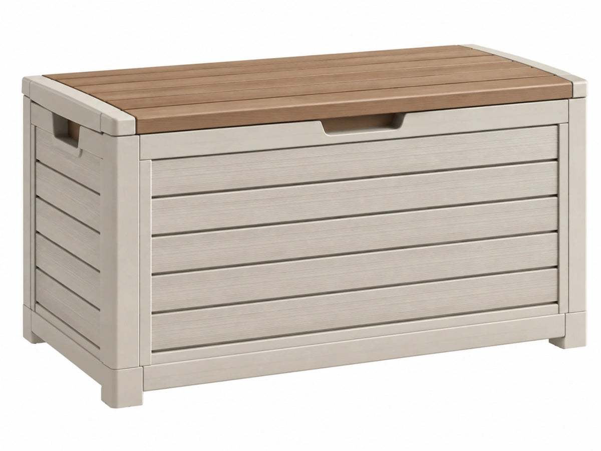 Opbergbox 120 x 64 x 60 cm kunststof beige/bruin voor buiten met houtlook deksel