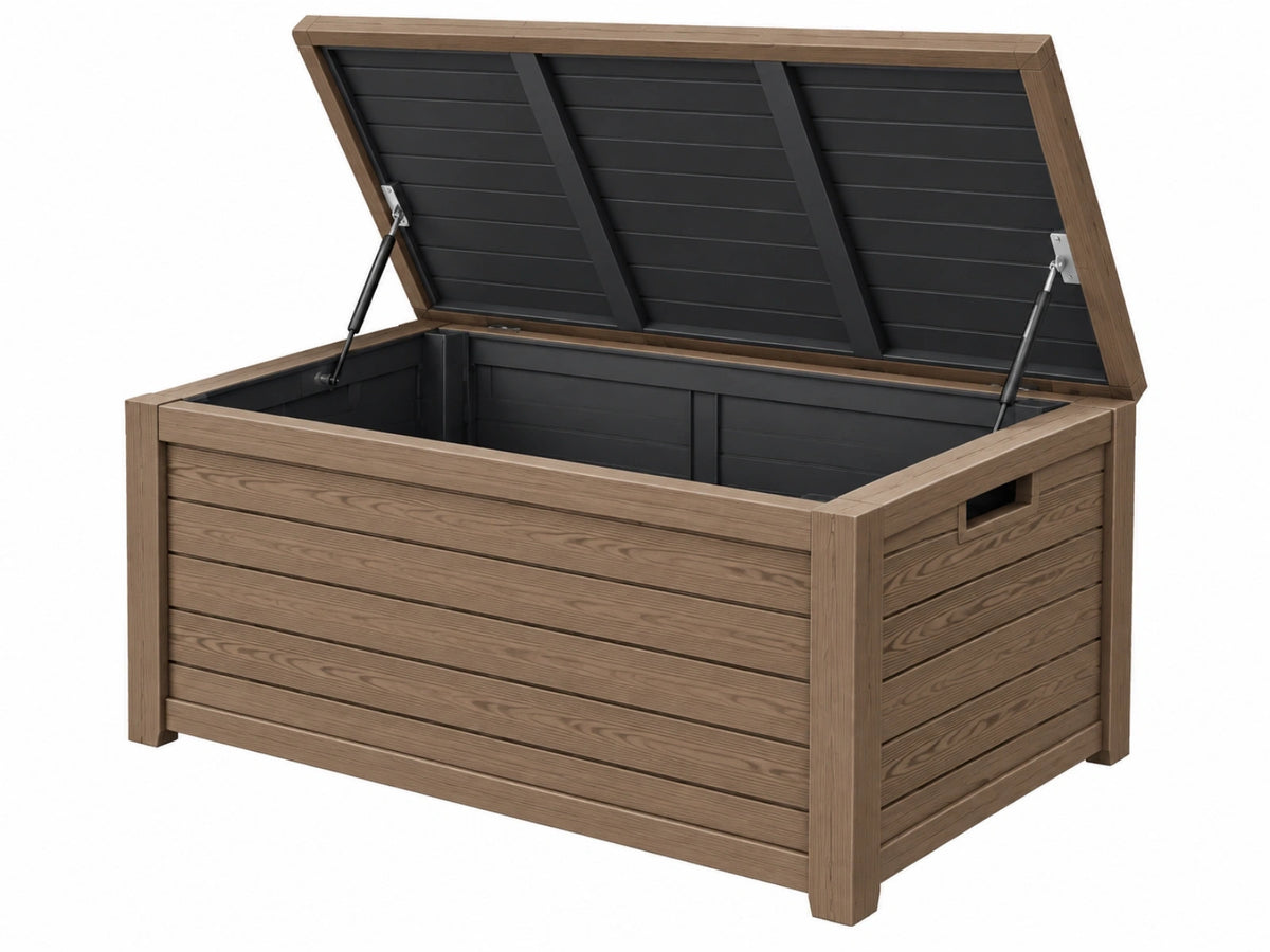Opbergbox 120 x 60 x 63 cm kunststof bruin houtlook met gasveren voor buiten