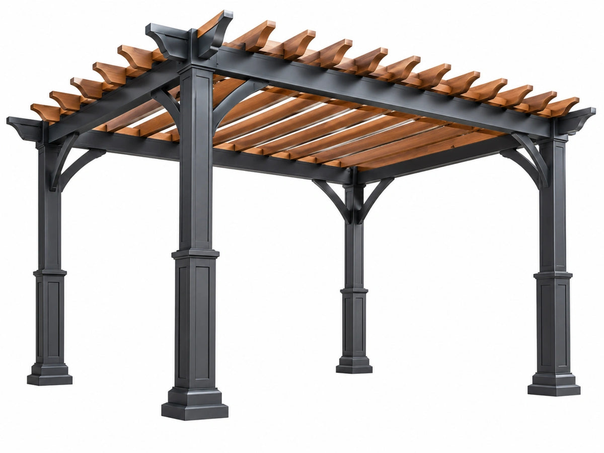 Pergola 300 x 300 x 250 cm zwart/bruin metaal en hout - buitenoverkapping met latten dak