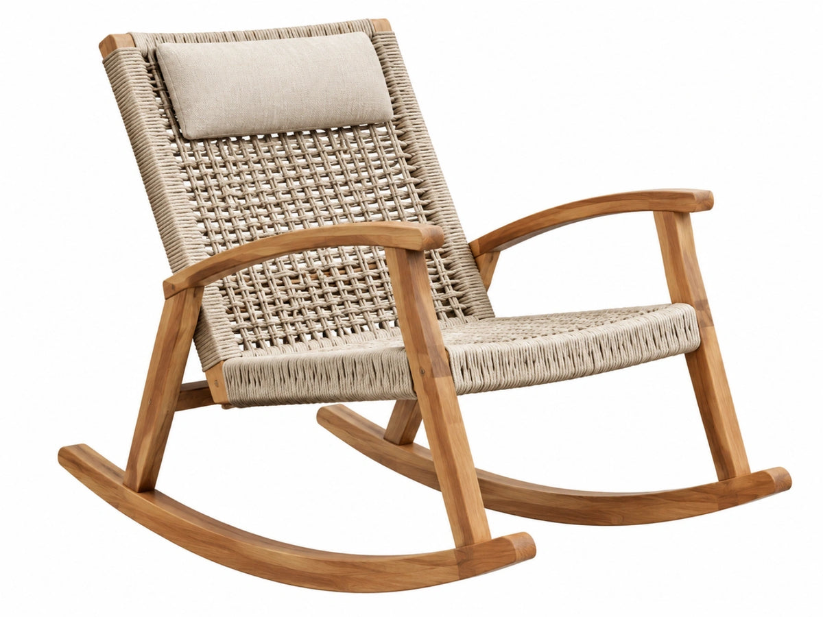Schommelstoel 110 x 70 x 100 cm - houten frame met beige gevlochten koord - ontspannende zitstoel