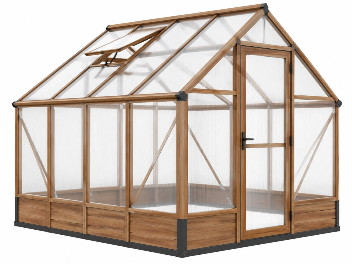 Houten tuinkas 300 x 240 x 240 cm transparant kunststof met dakraam