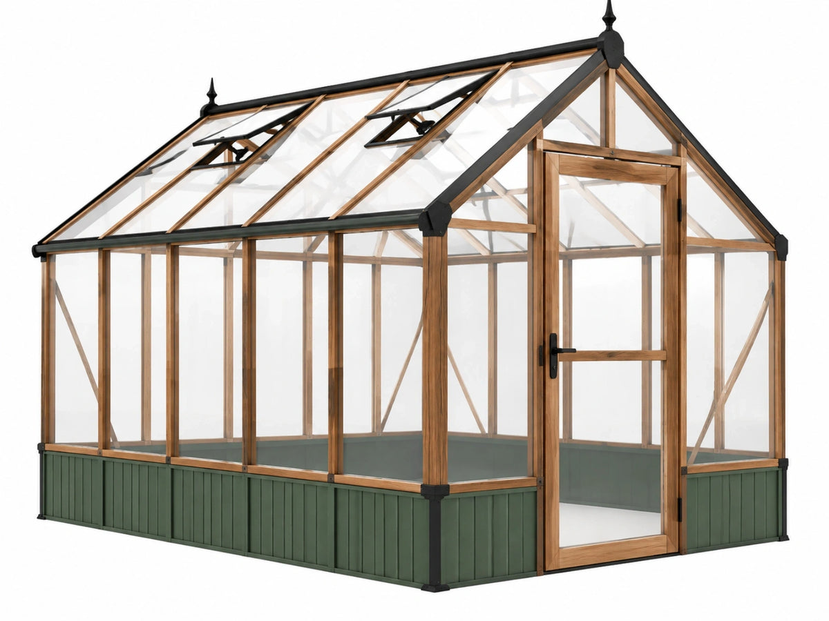 Houten tuinkas 300 x 250 x 270 cm - transparante panelen groen - vrijstaand met dakramen