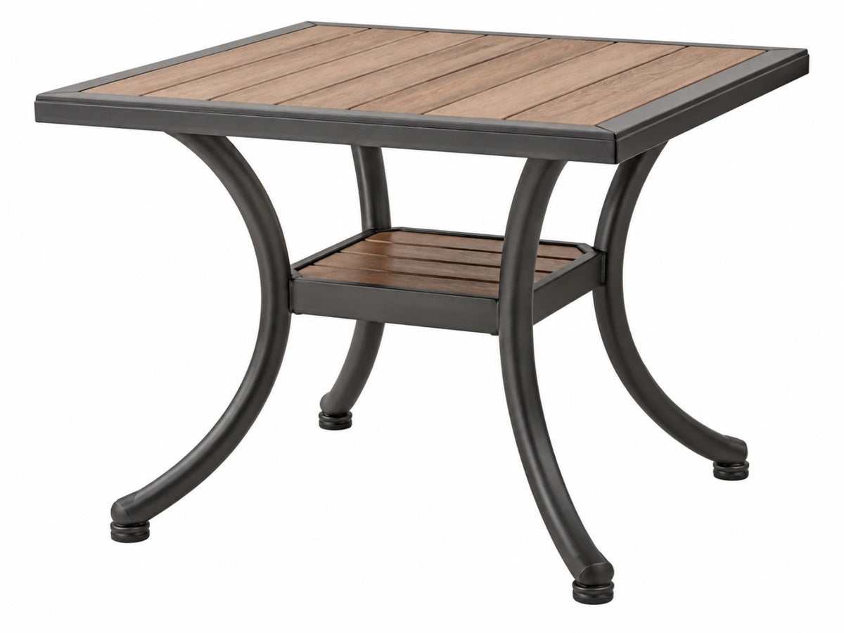Buitentafel 60 x 60 x 55 cm metaal en houtlook bruin zwart met opbergplank