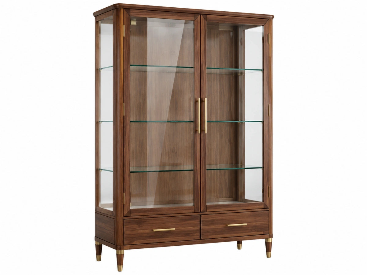 Vitrinekast 120 x 45 x 190 cm - donkerbruin hout en glas met lades
