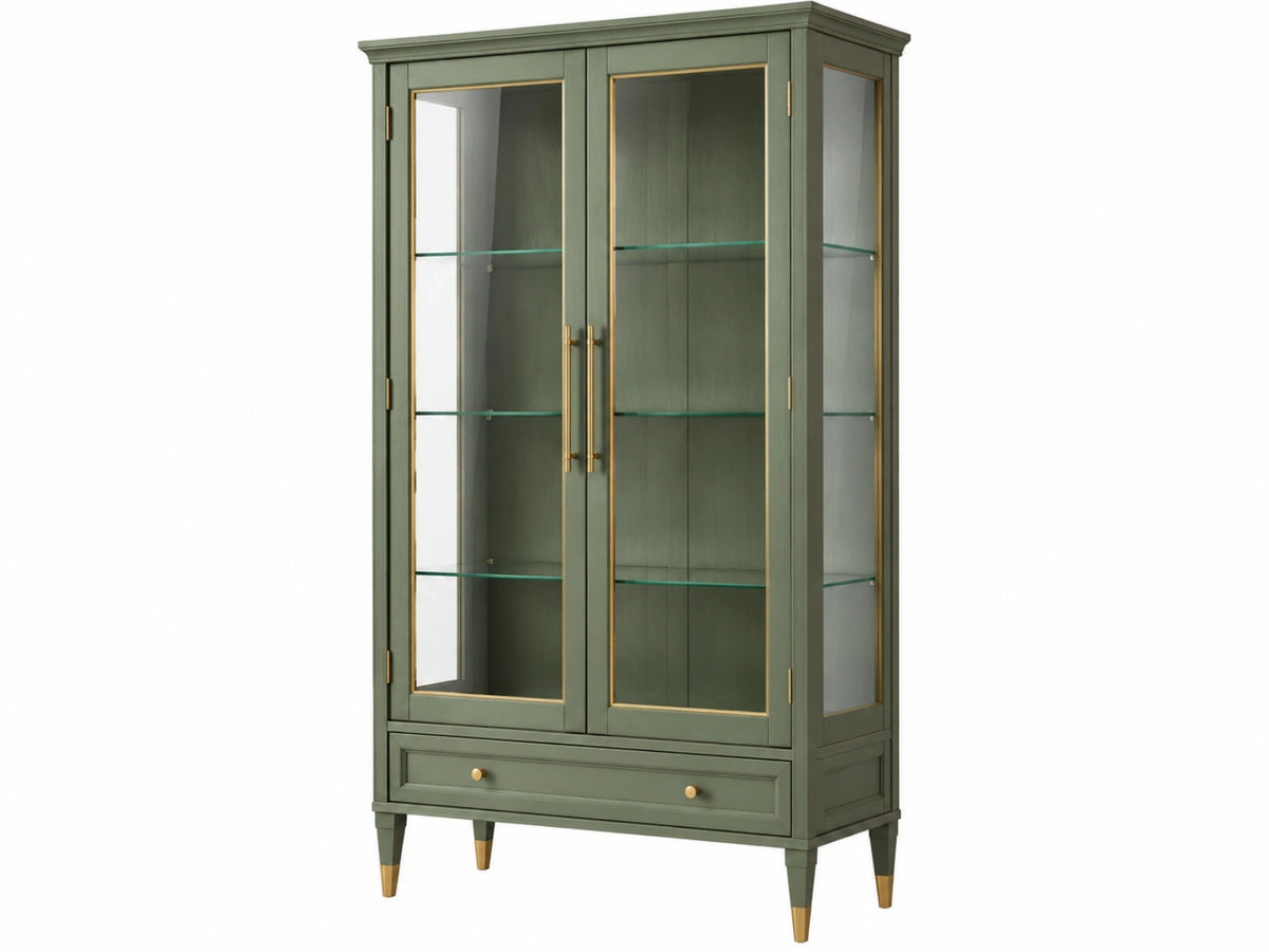Vitrinekast 100 x 45 x 200 cm groen hout en glas met lade