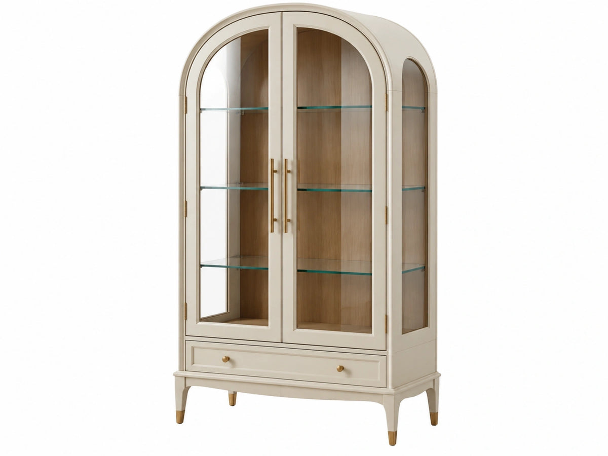 Vitrinekast 100 x 45 x 200 cm crème hout en glas - klassieke opbergkast met 2 deuren en lade