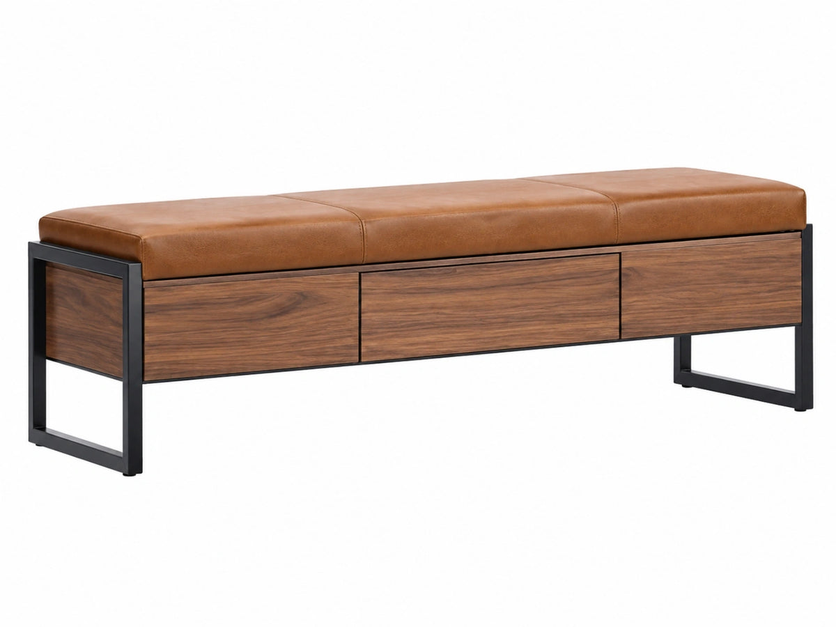 Opbergbank 160 x 45 x 50 cm bruin kunstleer en houtlook met 3 laden industriële stijl