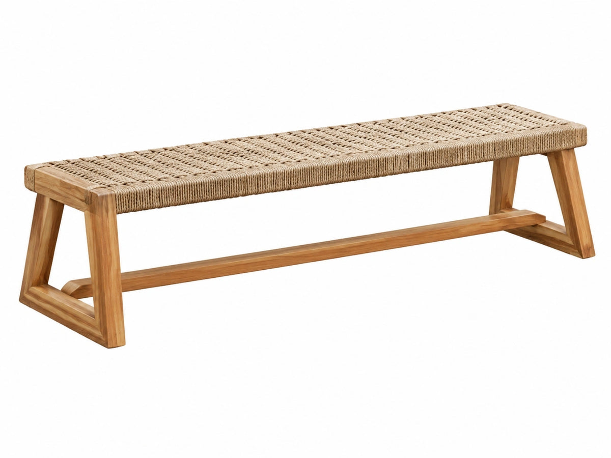 Bank 120 x 35 x 45 cm massief hout en gevlochten koord naturel - rustieke zitbank