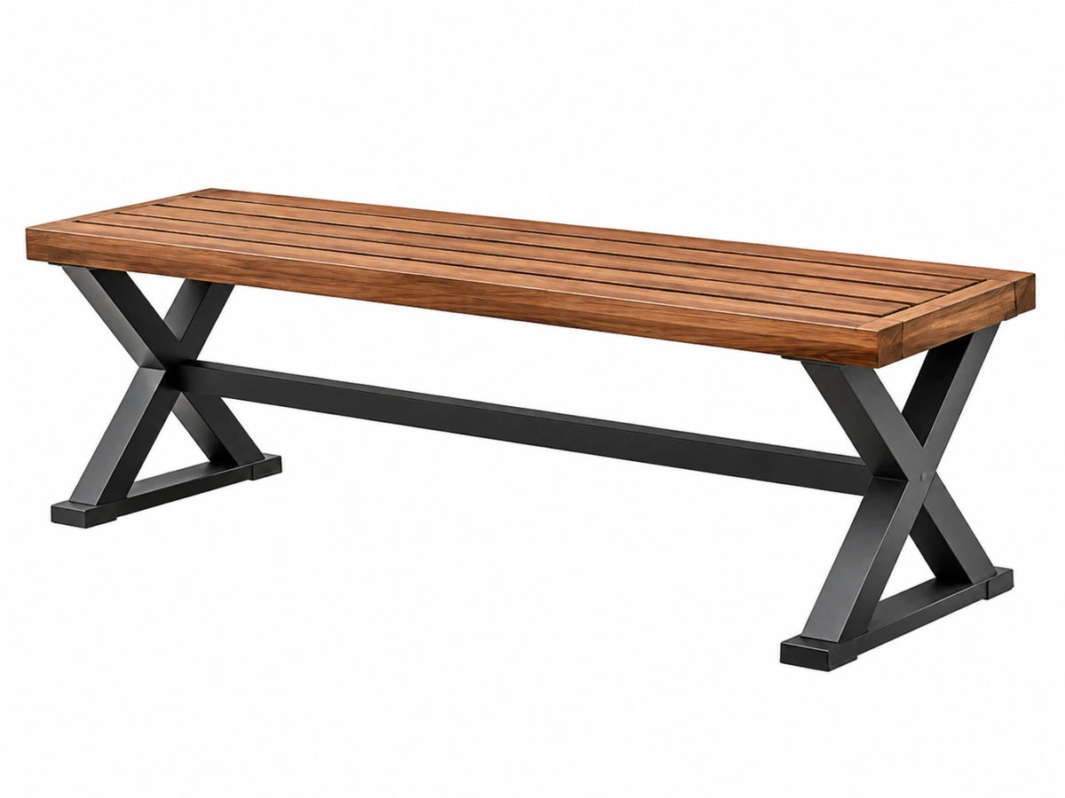 Tuinbank 180 x 35 x 45 cm - bruin houten zitting zwart metalen X-onderstel industrieel